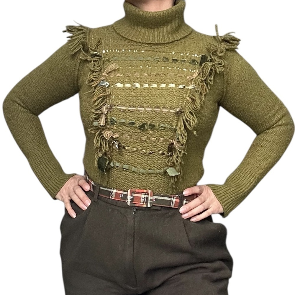 By Anthropologie Wool blend Turtleneck sweater wt Fringe and velvet details - S - Picture 6 of 13